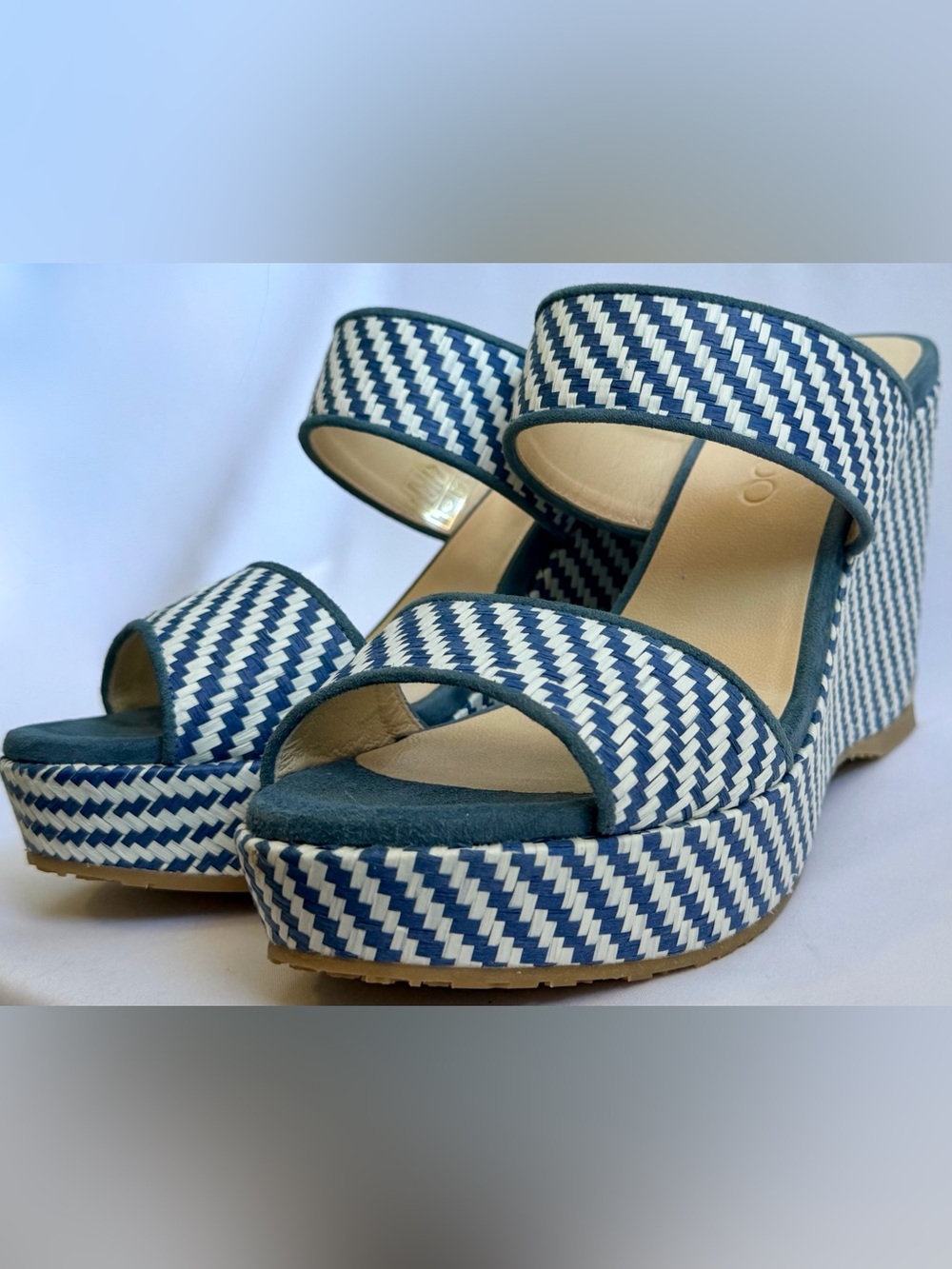 Jimmy Choo Parker Dusk Blue  Cream Stripe Woven Raffia Platform Wedge Sandals 38
